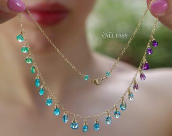 - Aqua Blue Purple Gemstone Drop Necklace, Statement Semi Precious Stone Necklace