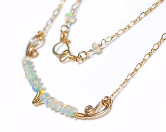 - Ethiopian Opal Gemstone Bar Necklace Wire Wrapped in Gold Filled