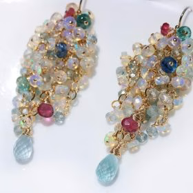 The Appassionata Earrings – Ethiopian Opal Long Cluster Earrings, Statement Earrings with Paraiba Tourmaline, Pink Tourmaline and Aquamarine