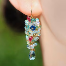 The Appassionata Earrings (Short Version) – Ethiopian Opal Short Cluster Earrings, Statement Earrings with Paraiba Tourmaline, Pink Tourmaline and Aquamarine