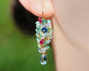 - Ethiopian Opal Short Cluster Earrings, Statement Earrings with Paraiba Tourmaline, Pink Tourmaline and Aquamarine
