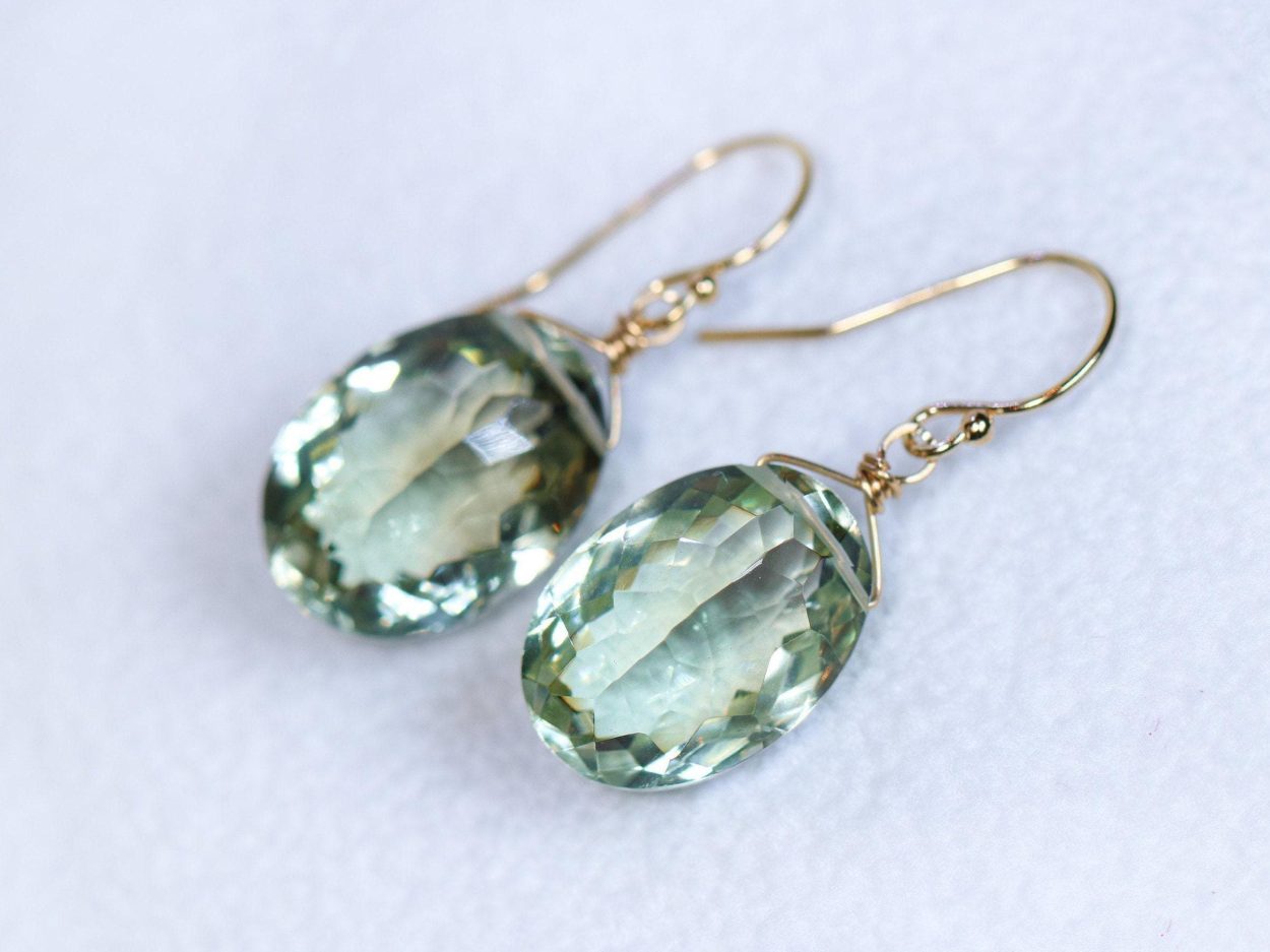 - Genuine Green Amethyst Oval Earrings in Gold Filled
