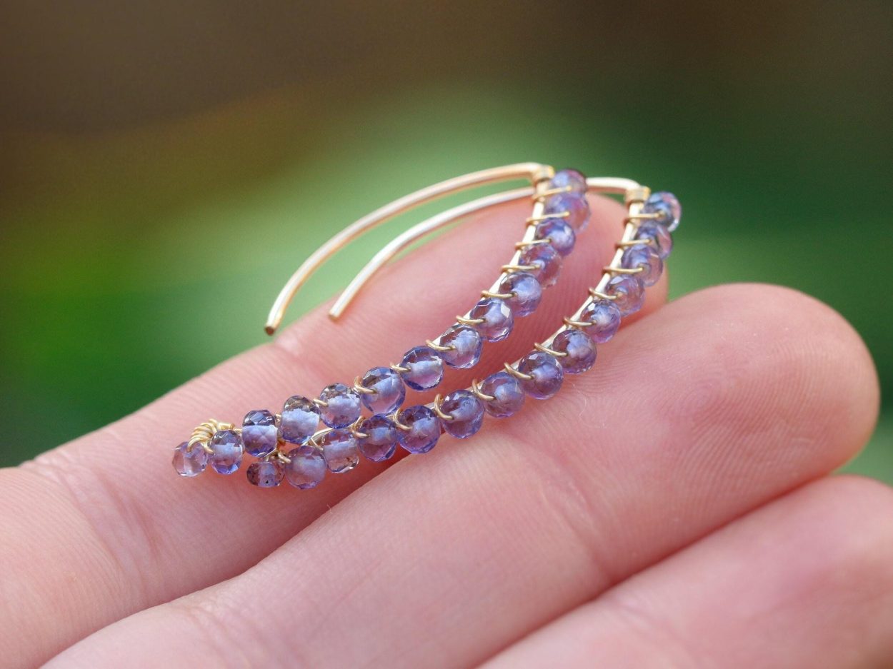 - Iolite Gemstone Threader Open Hoops Earrings