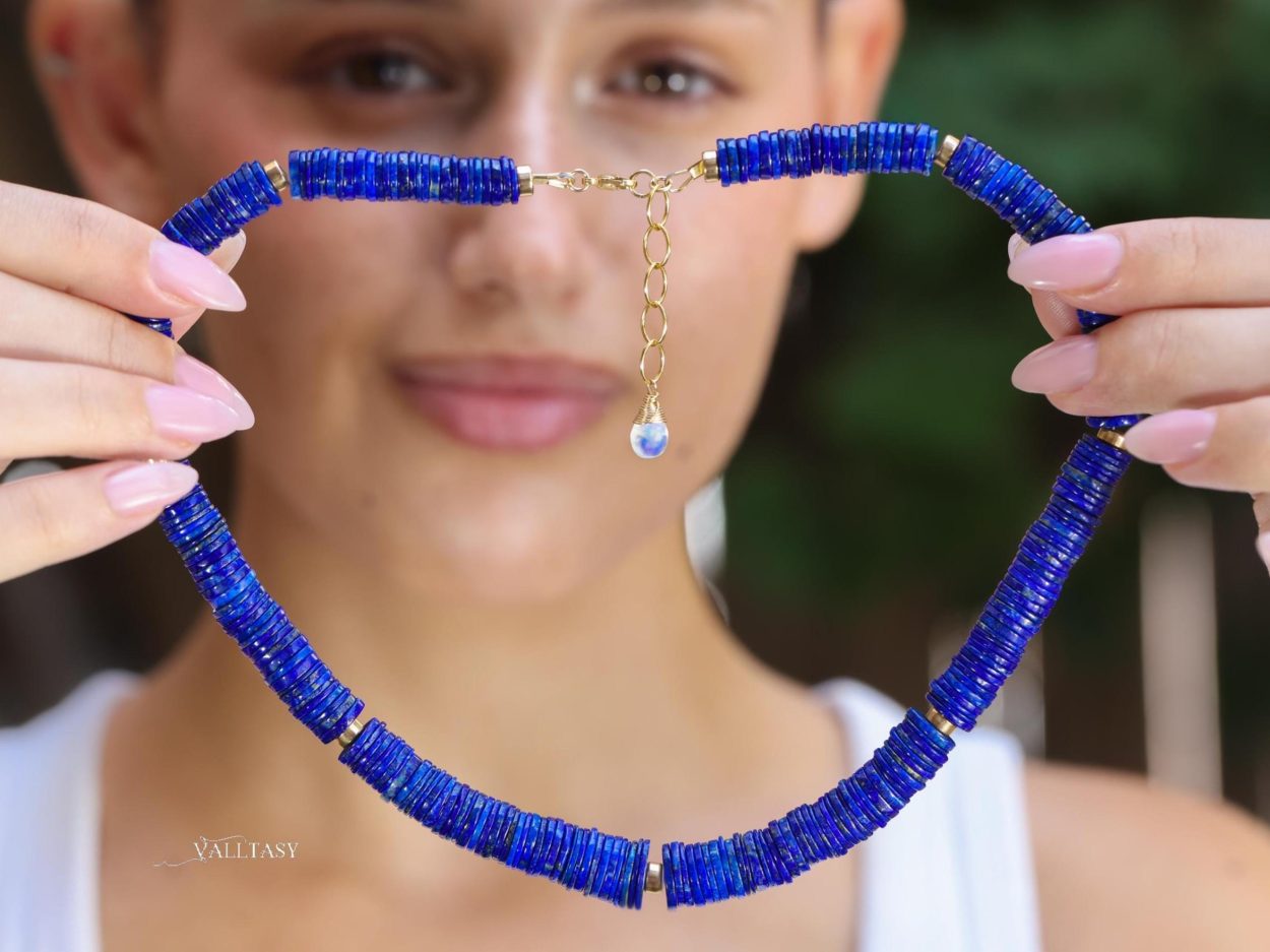 - Lapis Lazuli Necklace, Vibrant Blue with Gold Accents Beaded Necklace