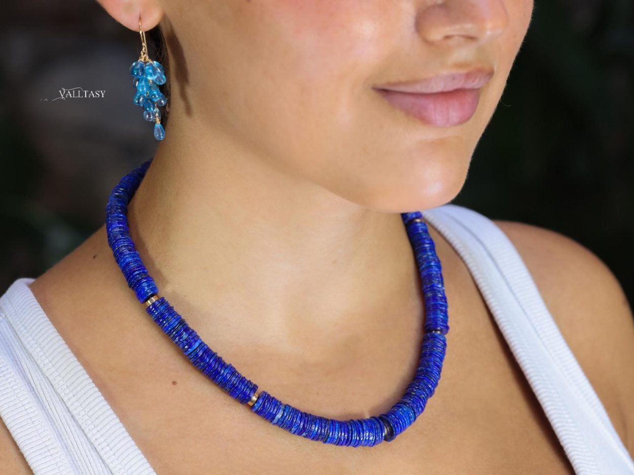 - Lapis Lazuli Necklace, Vibrant Blue with Gold Accents Beaded Necklace
