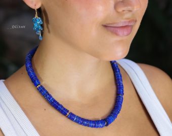 - Lapis Lazuli Necklace, Vibrant Blue with Gold Accents Beaded Necklace
