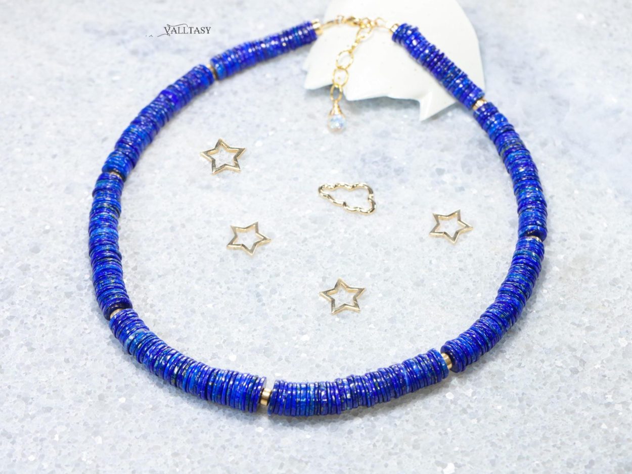 - Lapis Lazuli Necklace, Vibrant Blue with Gold Accents Beaded Necklace