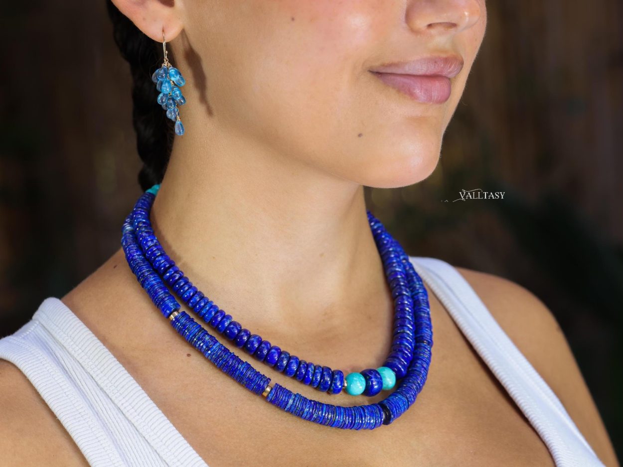 - Lapis Lazuli Necklace, Vibrant Blue with Gold Accents Beaded Necklace