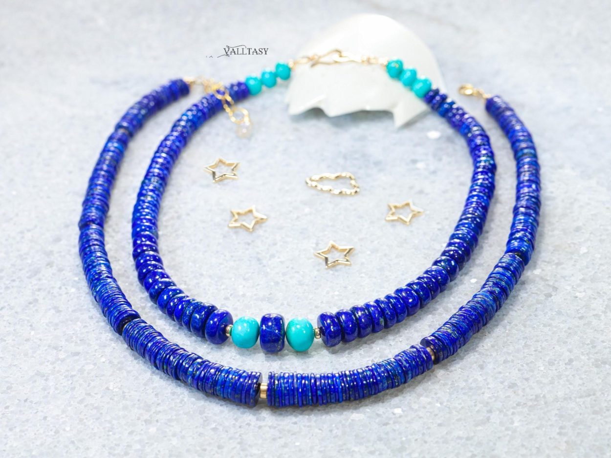 - Lapis Lazuli Necklace, Vibrant Blue with Gold Accents Beaded Necklace