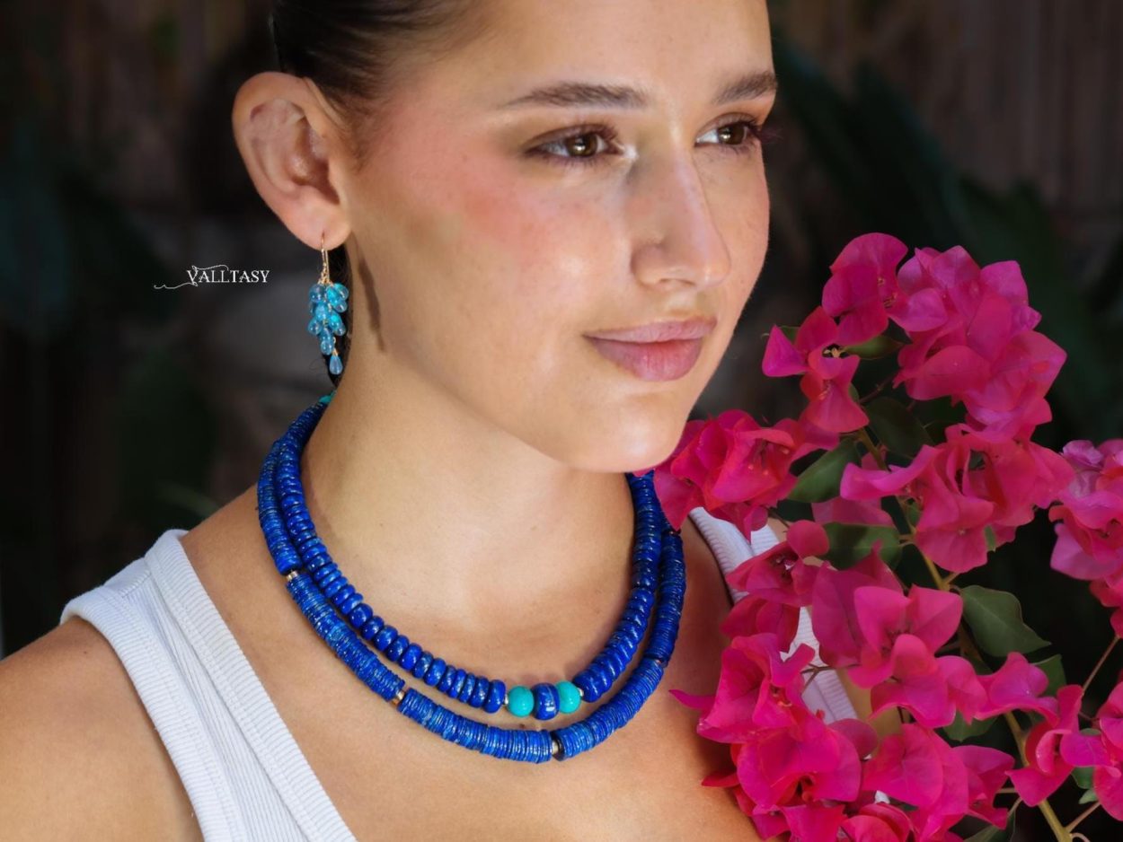 - Lapis Lazuli Necklace, Vibrant Blue with Gold Accents Beaded Necklace
