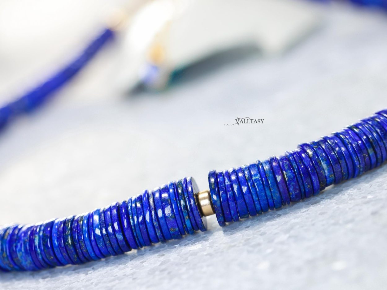 - Lapis Lazuli Necklace, Vibrant Blue with Gold Accents Beaded Necklace