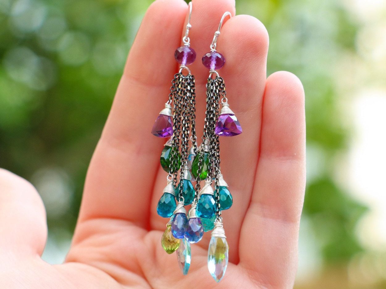 - Long Tassel Earrings with Multi Gemstone Precious Stones, Mixed Metal Earrings