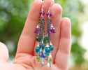 - Long Tassel Earrings with Multi Gemstone Precious Stones, Mixed Metal Earrings