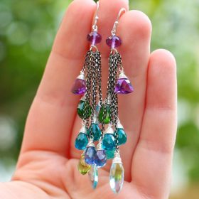 The Wandering Star Earrings – Long Tassel Earrings with Multi Gemstone Precious Stones, Mixed Metal Earrings
