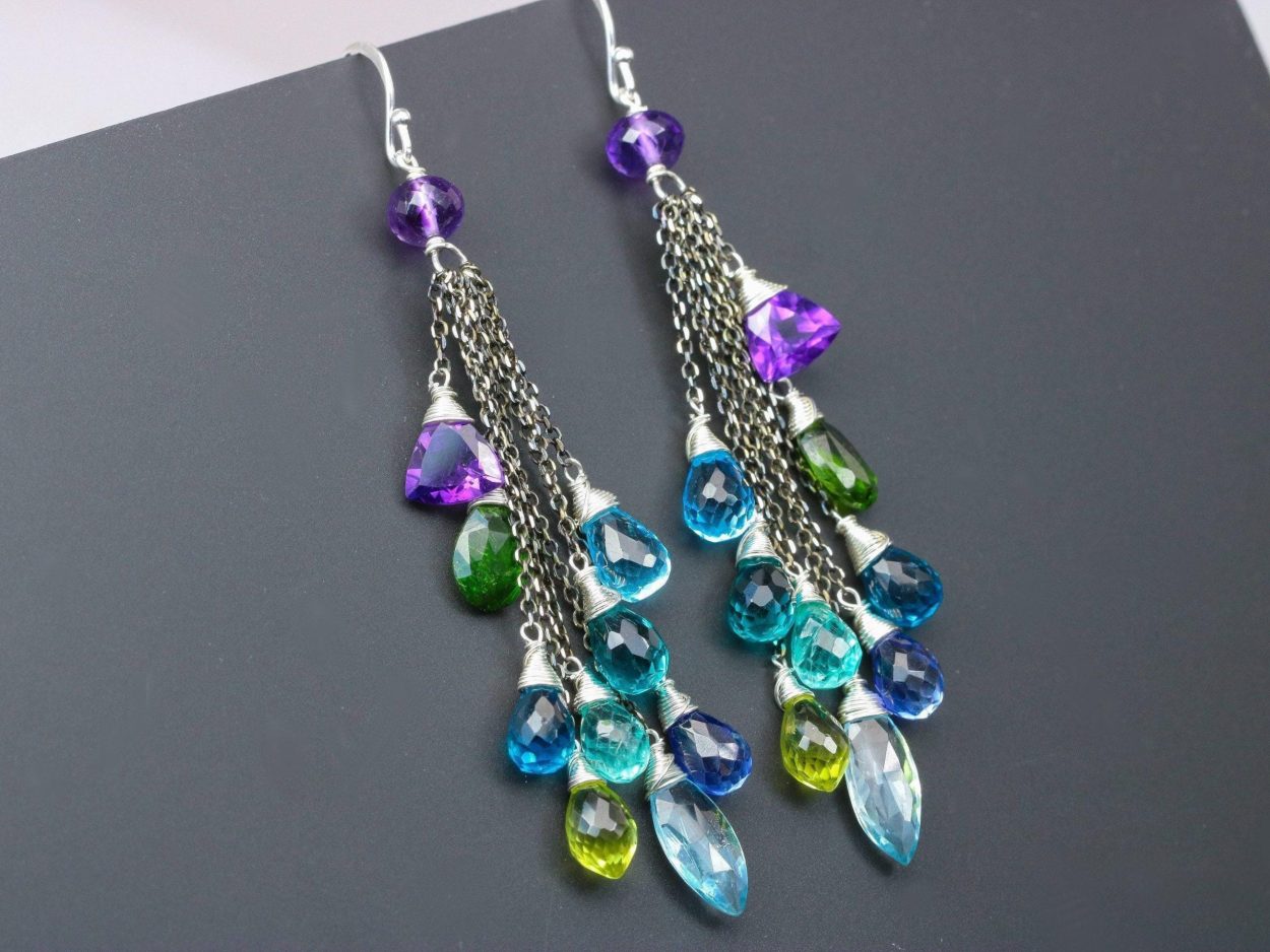 - Long Tassel Earrings with Multi Gemstone Precious Stones, Mixed Metal Earrings