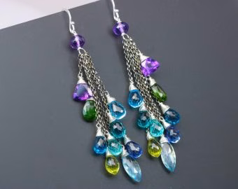 - Long Tassel Earrings with Multi Gemstone Precious Stones, Mixed Metal Earrings