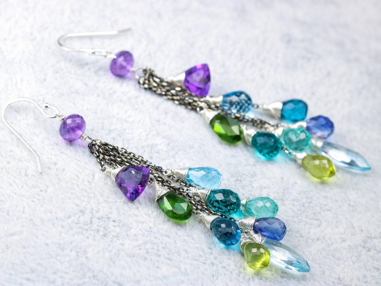 - Long Tassel Earrings with Multi Gemstone Precious Stones, Mixed Metal Earrings