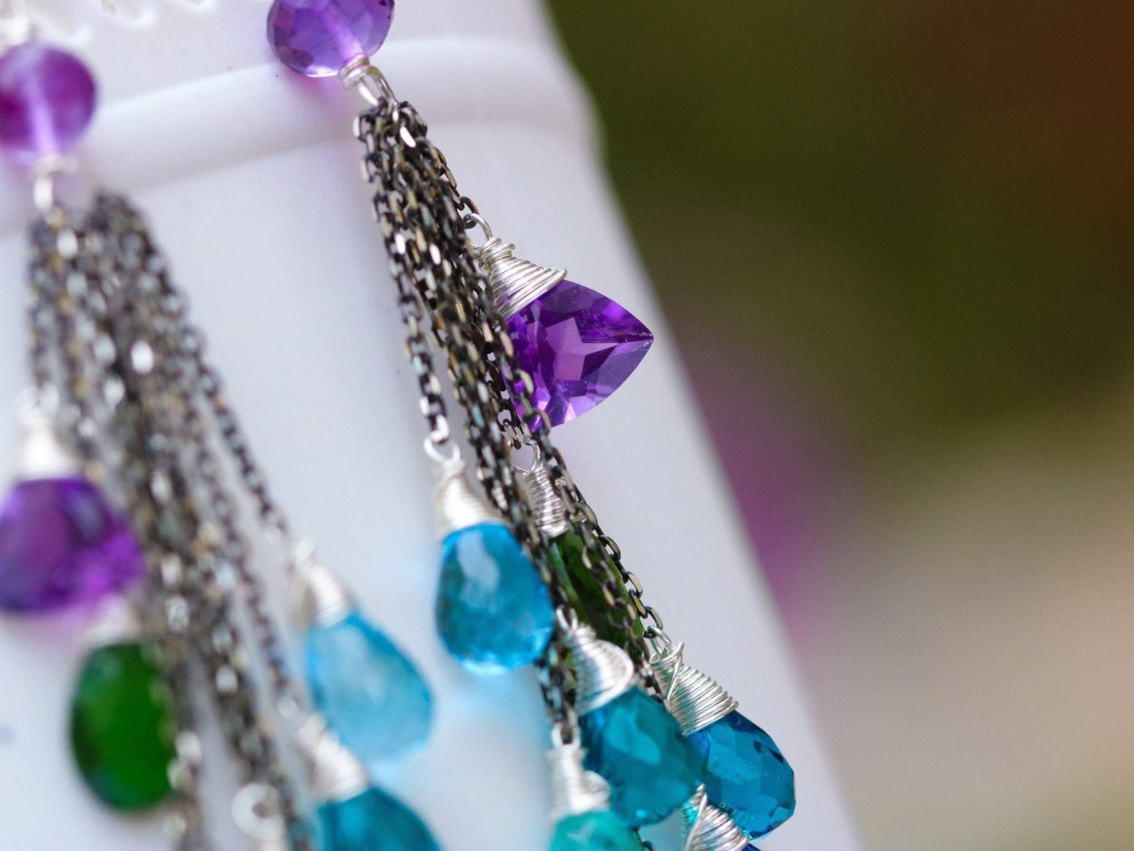 - Long Tassel Earrings with Multi Gemstone Precious Stones, Mixed Metal Earrings