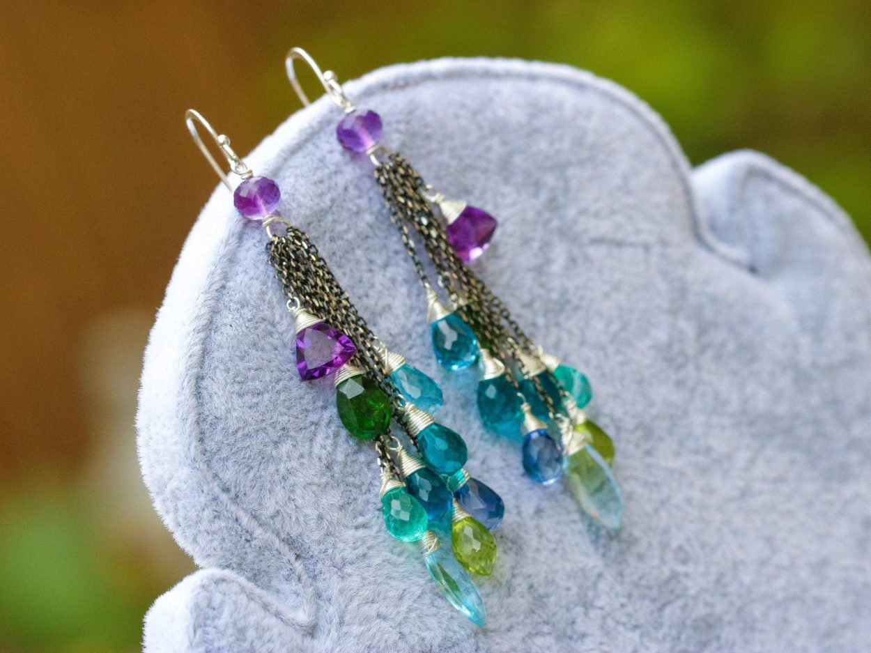- Long Tassel Earrings with Multi Gemstone Precious Stones, Mixed Metal Earrings