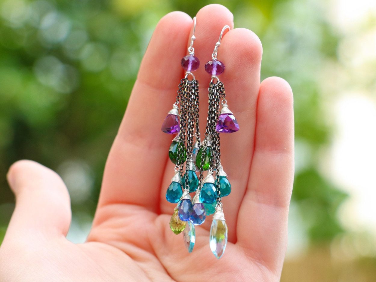- Long Tassel Earrings with Multi Gemstone Precious Stones, Mixed Metal Earrings