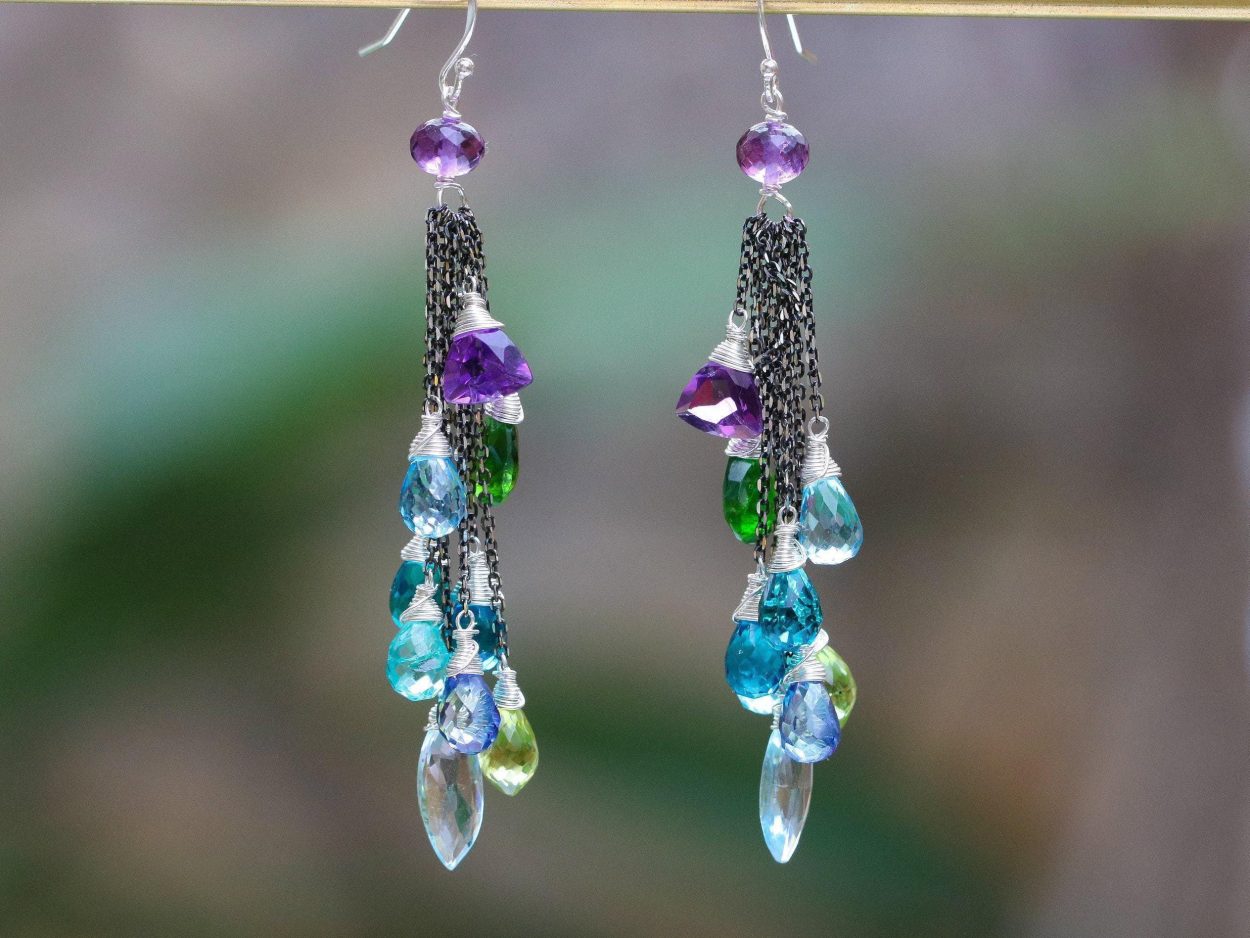- Long Tassel Earrings with Multi Gemstone Precious Stones, Mixed Metal Earrings