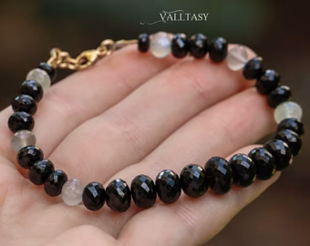 - Men Bracelet with Genuine Black Spinel and White Moonstone