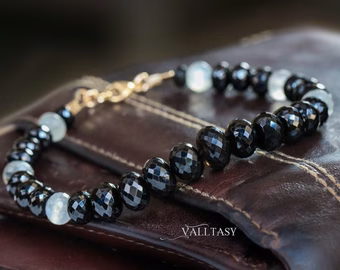 - Men Bracelet with Genuine Black Spinel and White Moonstone