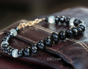 - Men Bracelet with Genuine Black Spinel and White Moonstone