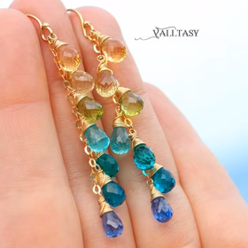 The Caribbean Sunset Earrings – Multi Gemstone Aqua Blue Drop Earrings, Linear Gemstone Earrings