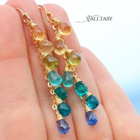 The Caribbean Sunset Earrings – Multi Gemstone Aqua Blue Drop Earrings, Linear Gemstone Earrings