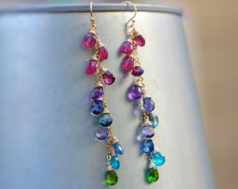 - Multi Gemstone Earrings Wire Wrapped in Gold Filled, Colorful Precious Earrings