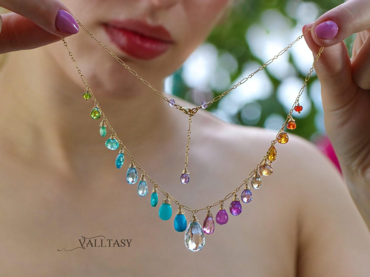- Multi Gemstone Necklace, Precious Drop Necklace, Pastel Candy Necklace