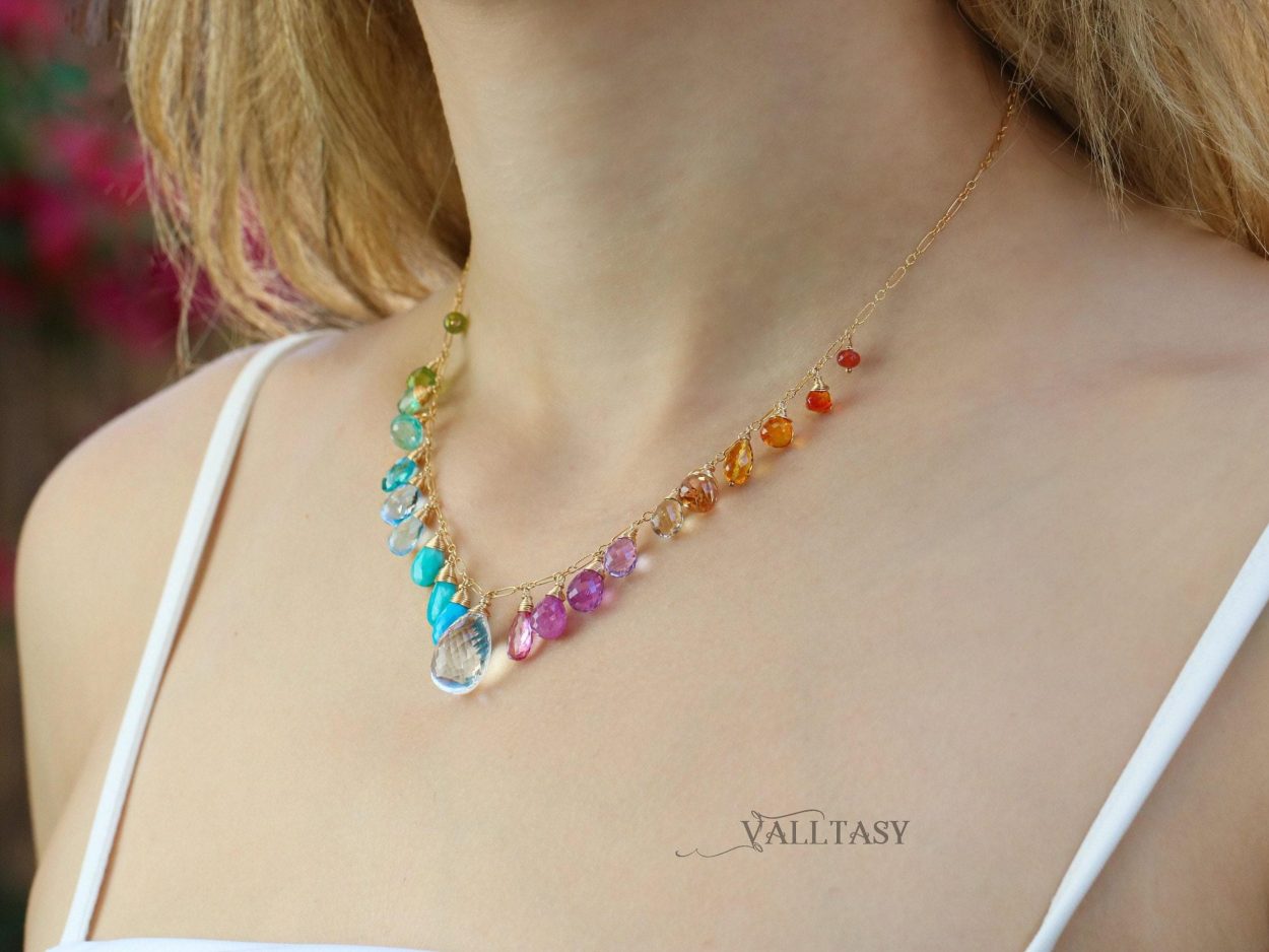 - Multi Gemstone Necklace, Precious Drop Necklace, Pastel Candy Necklace