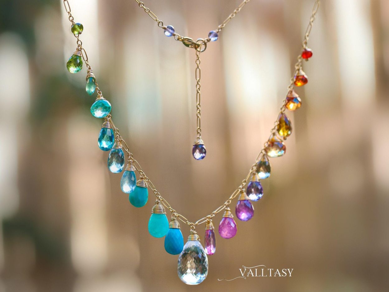 - Multi Gemstone Necklace, Precious Drop Necklace, Pastel Candy Necklace