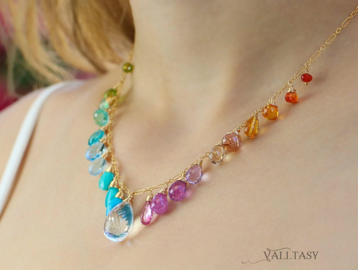 - Multi Gemstone Necklace, Precious Drop Necklace, Pastel Candy Necklace