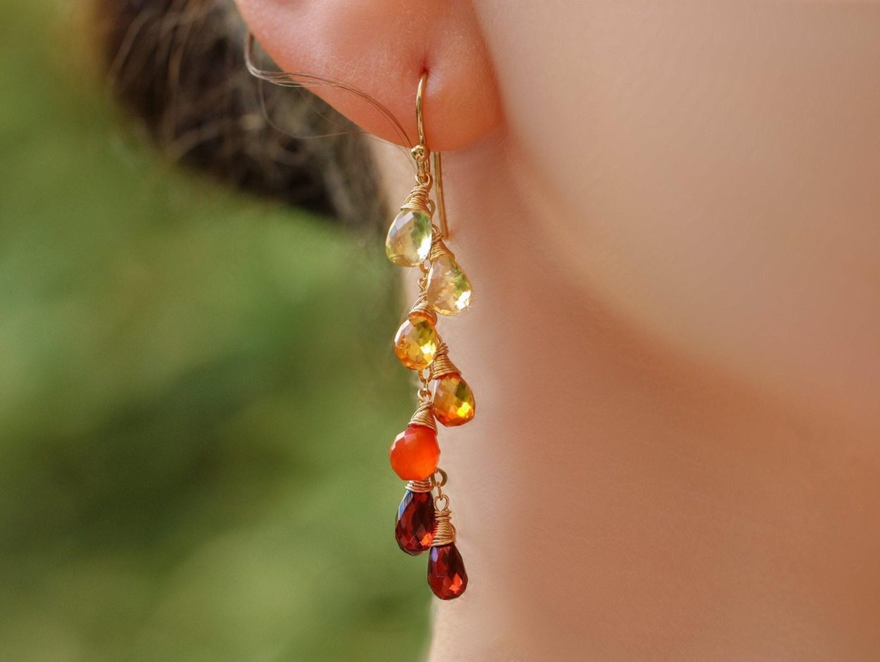 - Multi Gemstone Orange Red Drop Colorful Earrings