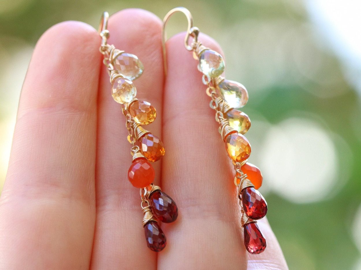 - Multi Gemstone Orange Red Drop Colorful Earrings