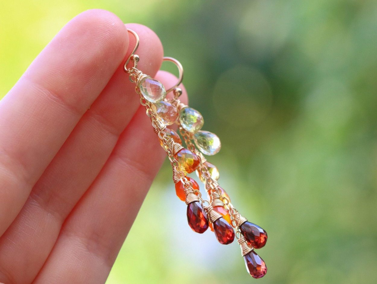 - Multi Gemstone Orange Red Drop Colorful Earrings