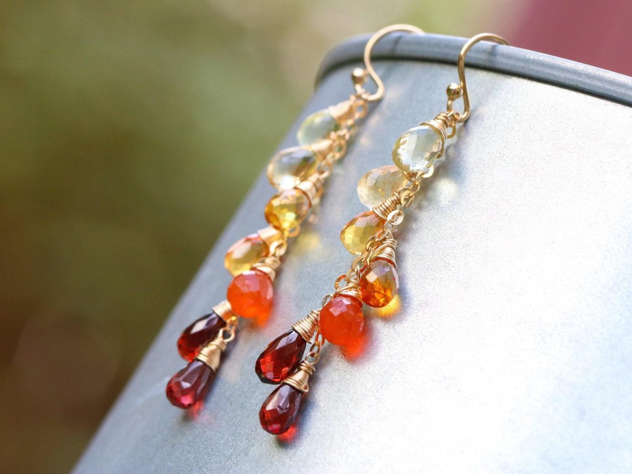 - Multi Gemstone Orange Red Drop Colorful Earrings