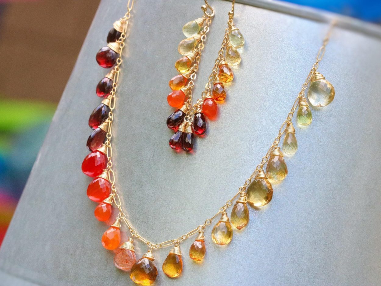 - Multi Gemstone Orange Red Drop Colorful Earrings