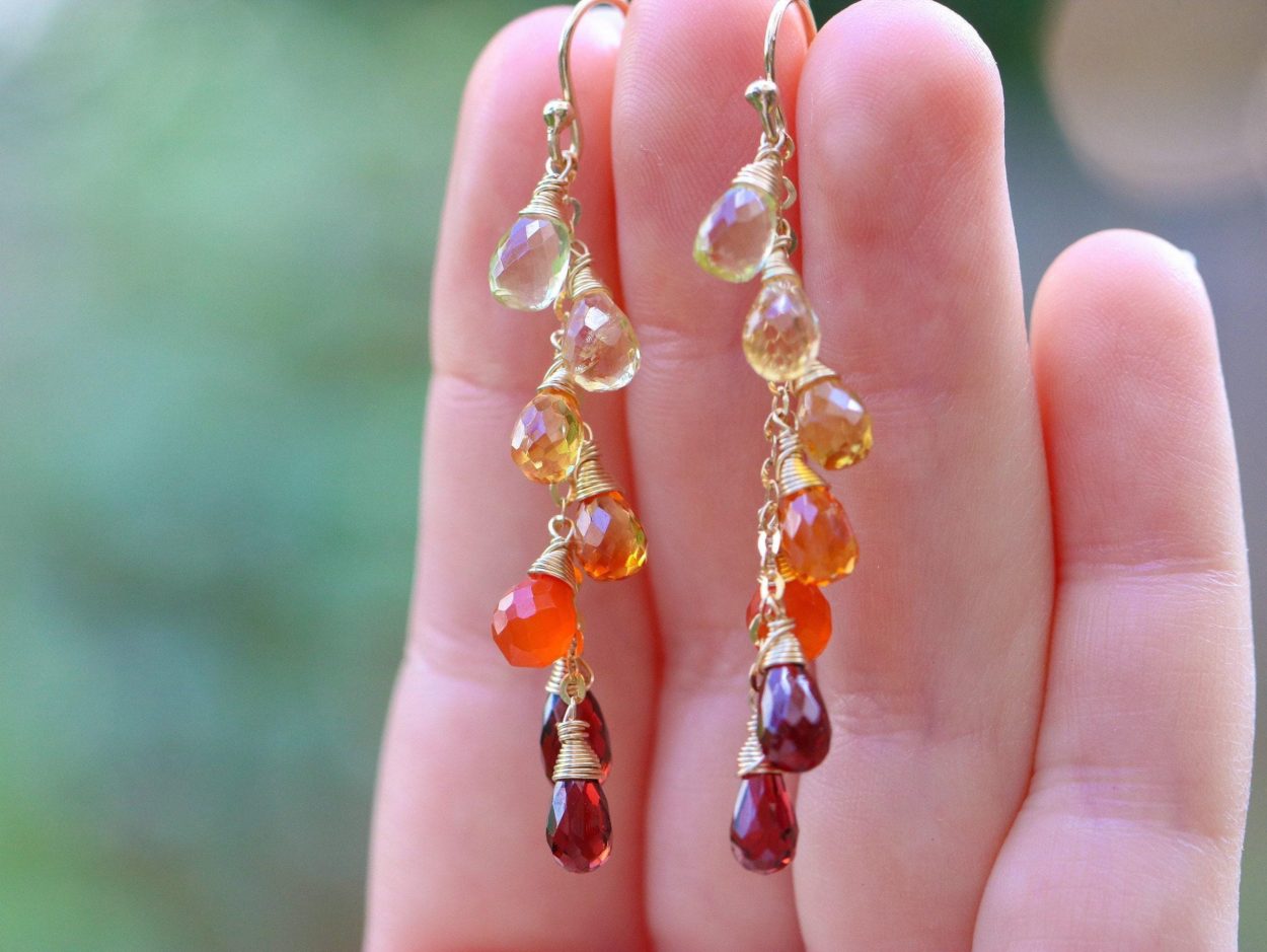 - Multi Gemstone Orange Red Drop Colorful Earrings