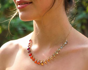 - Multi Gemstone Orange Red Drop Necklace, Semi Precious Colorful Necklace