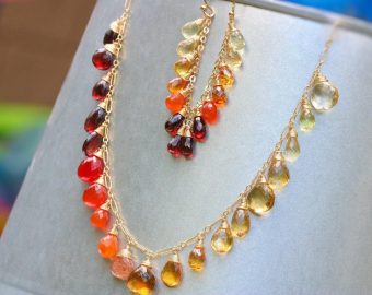 - Multi Gemstone Orange Red Drop Necklace, Semi Precious Colorful Necklace