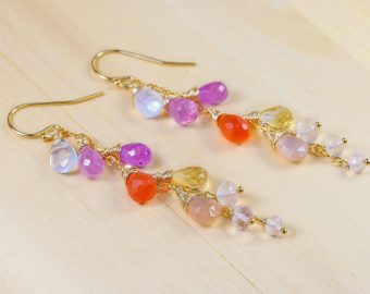 - Multi Gemstone Pink Orange Gemstone Earrings Wire Wrapped in Gold Filled