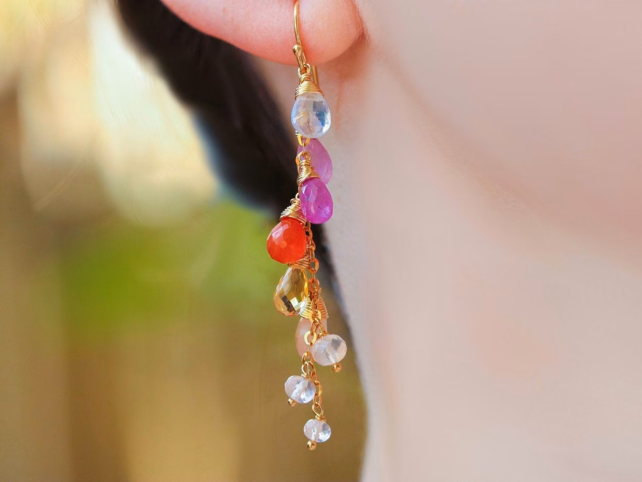 - Multi Gemstone Pink Orange Gemstone Earrings Wire Wrapped in Gold Filled