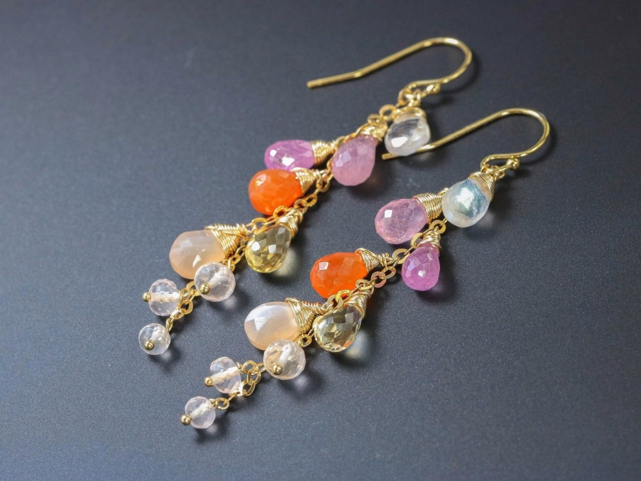 - Multi Gemstone Pink Orange Gemstone Earrings Wire Wrapped in Gold Filled