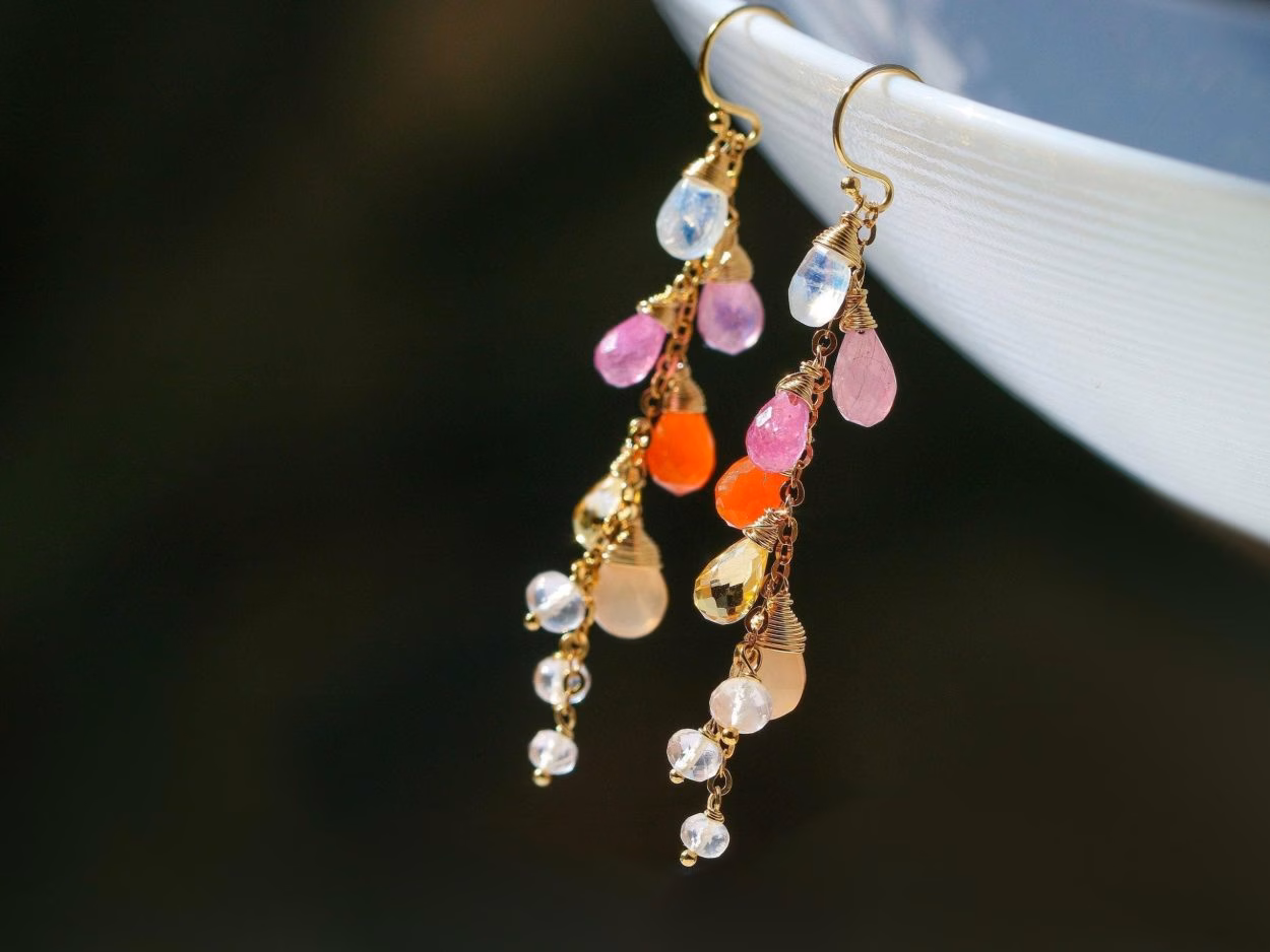 - Multi Gemstone Pink Orange Gemstone Earrings Wire Wrapped in Gold Filled