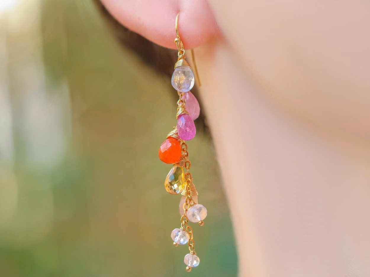 - Multi Gemstone Pink Orange Gemstone Earrings Wire Wrapped in Gold Filled