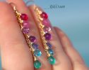 - Multi Gemstone Pink Purple Blue Drop Earrings, Linear Gemstone Earrings