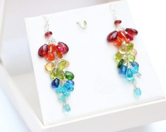 - Multi Gemstone Rainbow Earrings, Long Gemstone Cluster Earrings in Sterling Silver